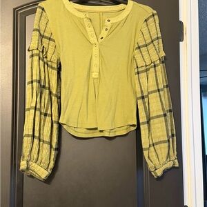 Pilcro Yellow Henley with Plaid Puff Sleeves